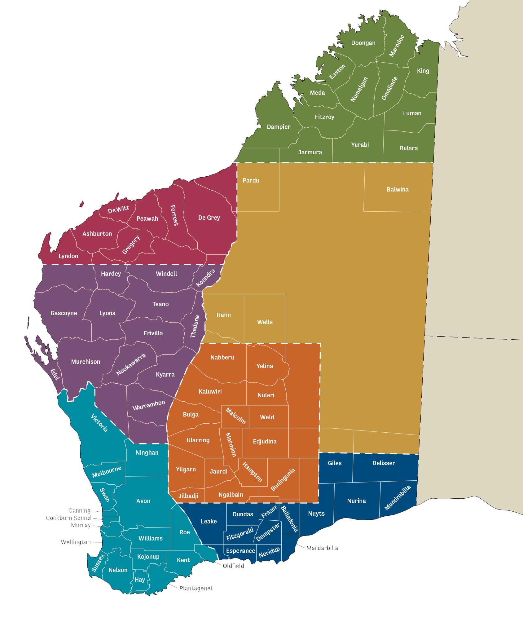 西澳大利亚的地图，概述了地区和地区
