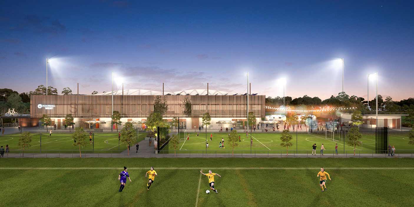 国家足球中心的艺术效果图，前景是球员，背景是建筑