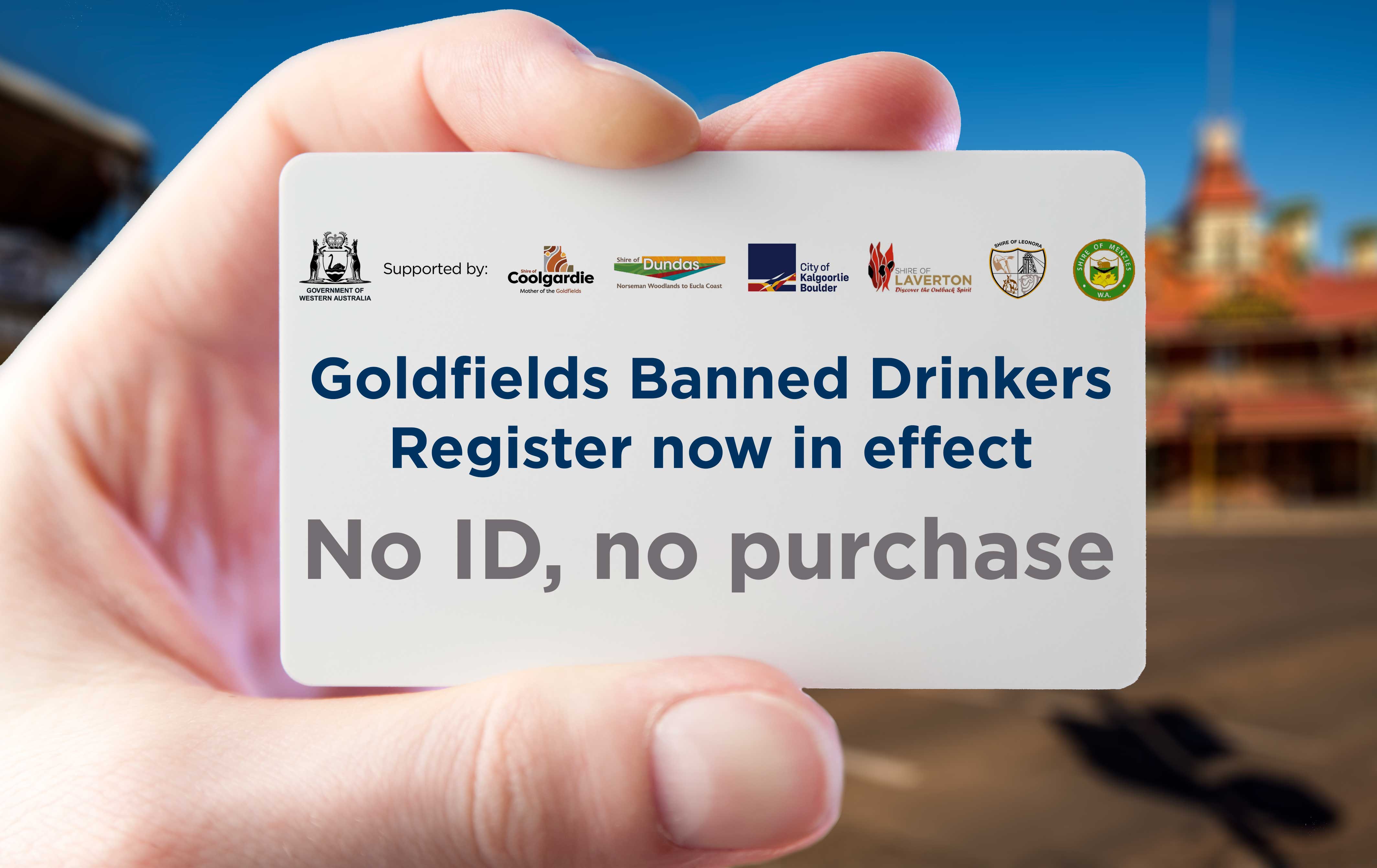 一张印有商标和文字的卡片，上面写着“戈德菲尔德禁酒令登记生效”。没有身份证，就没有购买。”