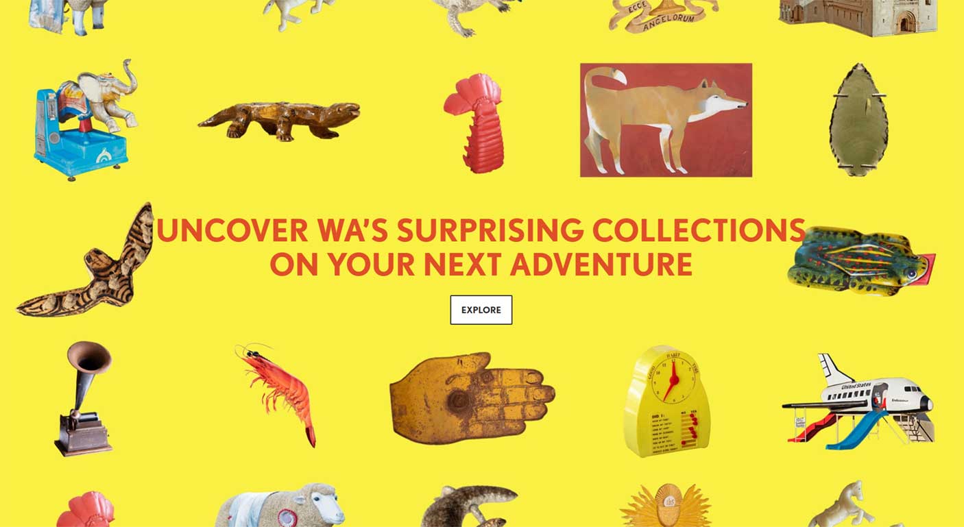 来自博物馆的不同物品(如动物和留声机)，黄色背景上写着“在你的下一次冒险中发现西澳令人惊讶的收藏”。