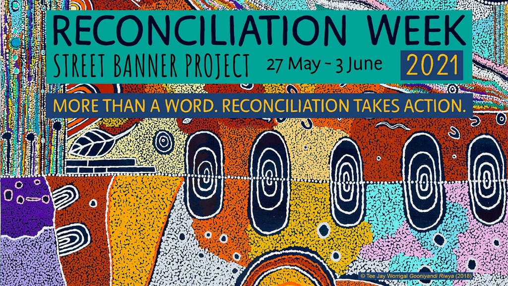 西澳大利亚土著艺术家Tee Jay Worrigal创作的和解周横幅艺术作品
